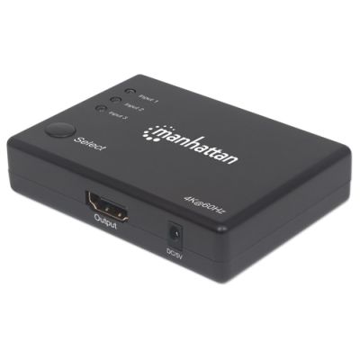 Manhattan 4K Kompakter 3-Port HDMI-Switch, 4K@60Hz, Stromversorgung über Netzteil, Fernbedienung, schwarz
