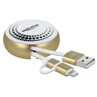 DeLOCK USB 2.0 2 in 1 Aufrollkabel Typ-A zu Micro-B und Lightning™ 8 Pin weiß / gold