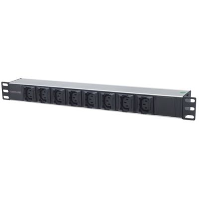Intellinet 19" 8-fach Steckdosenleiste mit C13-Kaltgerätesteckdosen und Kabelklemmen, PDU mit abnehmbarem Stromkabel (2 m) und rückseitigem C20-Stromeingang, 1 HE