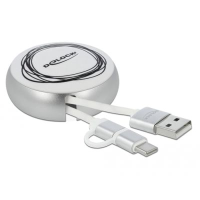 DeLOCK USB 2.0 2 in 1 Aufrollkabel Typ-A zu Micro-B und USB-C™ weiß / silber