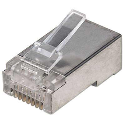 Intellinet 100er-Pack Cat5e RJ45-Modularstecker, STP, 3-Punkt-Aderkontaktierung, für Massivdraht, 100 Stecker im Becher