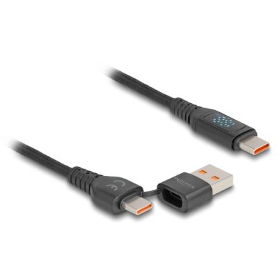 DeLOCK USB 2.0 Schnellladekabel USB Type-C™ + USB Typ-A Stecker zu USB Type-C™ Stecker PD 3.1 140 W mit Leistungsanzeige 1,20 m