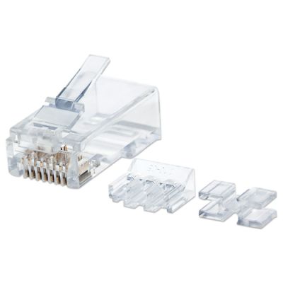 Intellinet 80er-Pack Cat6 RJ45-Modularstecker Pro Line, UTP, 3-Punkt-Aderkontaktierung, für Massivdraht, 80 Stecker im Becher, 50 µ vergoldete Kontakte
