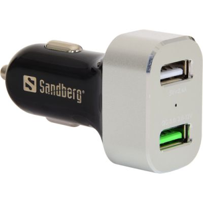 Sandberg Car Charger 1xQC 3.0+1xUSB2.4A Universal Aluminium, Schwarz Zigarettenanzünder Auto