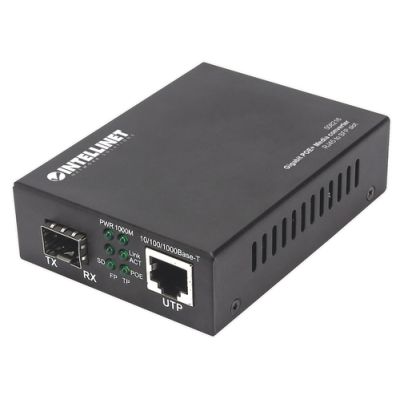 Intellinet Gigabit PoE+ Medienkonverter, 1000Base-T RJ45-Port auf SFP-Port, PoE+ Injektor
