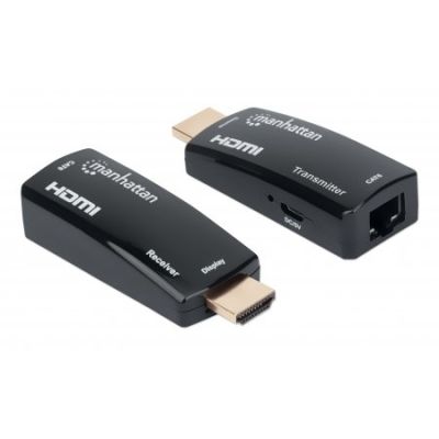 Manhattan 1080p HDMI over Ethernet Extender Kit in kompaktem Format, HDMI-Signalverlängerung mit 1080p@60Hz bis zu 60 m über ein einzelnes Cat6-Netzwerkkabel, Sender- und Empfängermodul, Power over Cable, ultrakompaktes Format, schwarz