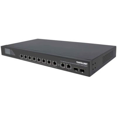 Intellinet 8-Port Gigabit Ethernet Ultra PoE-Switch mit 4 Uplink-Ports und LCD-Anzeige, 8 x PoE-Ports, LCD-Anzeige, IEEE 802.3bt Power over Ethernet (Ultra PoE), 2 x RJ45-Uplink, 2 x SFP-Uplink, 380 W, Endspan, 19" Rackmount
