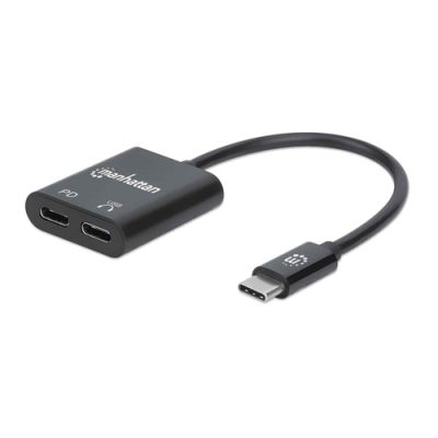 Manhattan USB-C Audioadapter mit Power Delivery-Ladeport, USB-C Stecker auf USB-C Audioport und USB-C Power Delivery (PD)-Port, schwarz