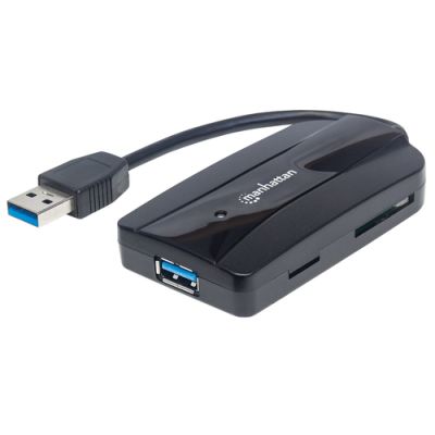 Manhattan 3-Port USB 3.2 Gen 1 Hub mit Card Reader, USB-A-Stecker auf 3 x USB-A Buchse, 5 Gbit/s Datenübertragungsrate; unterstützte Kartenformate MicroSD, SD und MMC, Stromversorgung über USB, schwarz