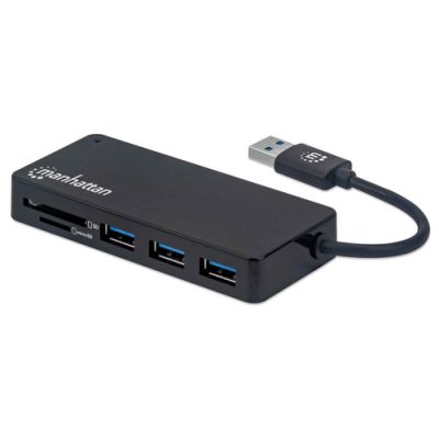Manhattan 3-Port USB 3.2 Gen 1 Hub mit Card Reader, USB-A-Stecker auf 3 x USB-A-Buchse und SD/MicroSD Card Reader, 5 Gbit/s Datenübertragungsraten, Stromversorgung über USB, schwarz